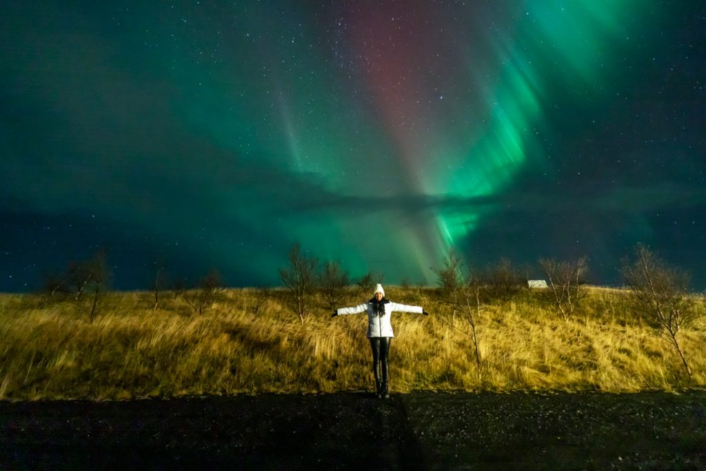 Viajante da Expedição Islândia®️ sob a aurora boreal